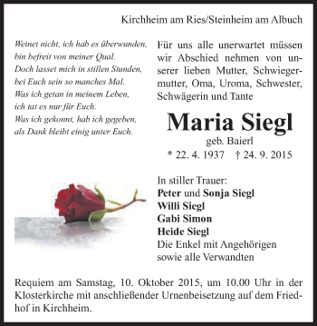 Traueranzeige von Maria Siegl von Schwäbische Post