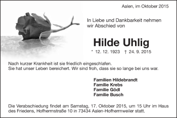 Traueranzeige von Hilde Uhlig von Schwäbische Post