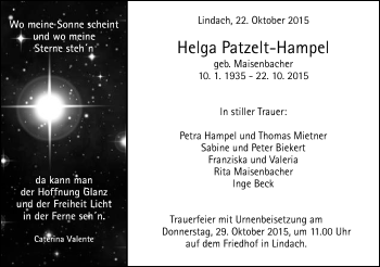 Traueranzeige von Helga Patzelt-Hampel von Gmünder Tagespost
