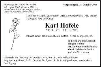 Traueranzeige von Karl Hofele von Gmünder Tagespost