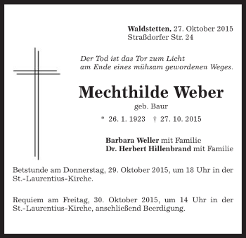 Traueranzeige von Mechthilde Weber von Gmünder Tagespost