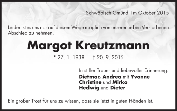 Traueranzeige von Margot Kreutzmann von Gmünder Tagespost