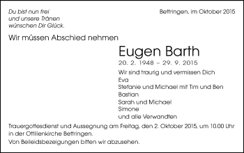 Traueranzeige von Eugen Barth von Gmünder Tagespost
