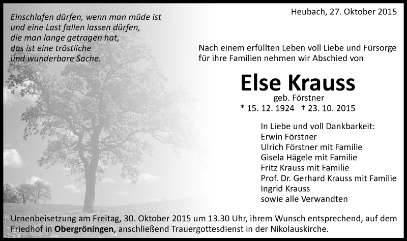  Traueranzeige für Else Krauss vom 27.10.2015 aus Gmünder Tagespost