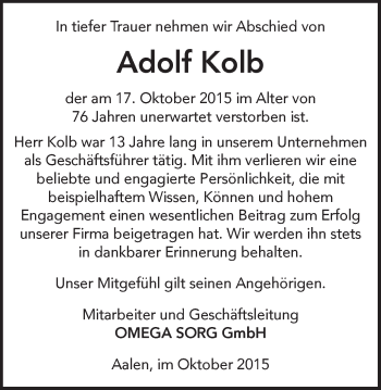Traueranzeige von Adolf Kolb von Schwäbische Post