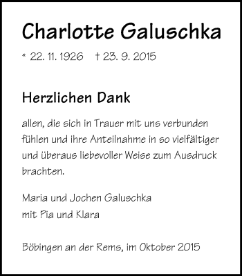 Traueranzeige von Charlotte Galuschka von Gmünder Tagespost
