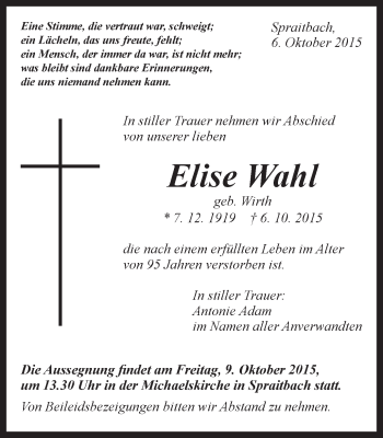 Traueranzeige von Elise Wahl von Gmünder Tagespost