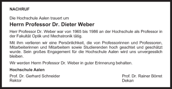 Traueranzeige von Dieter Weber von Schwäbische Post