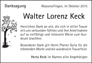Traueranzeige von Walter Lorenz Keck von Schwäbische Post