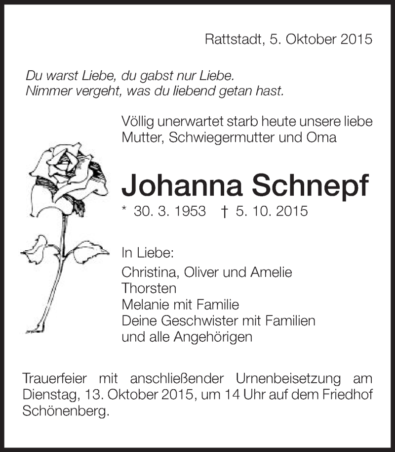  Traueranzeige für Johanna Schnepf vom 10.10.2015 aus Schwäbische Post