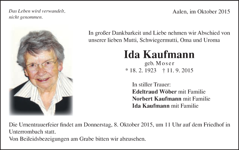  Traueranzeige für Ida Kaufmann vom 05.10.2015 aus Schwäbische Post