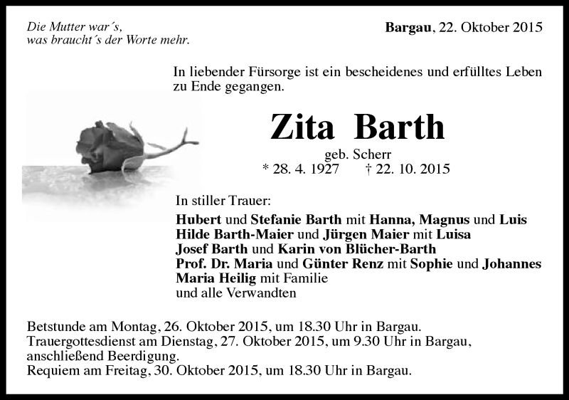  Traueranzeige für Zita Barth vom 23.10.2015 aus Gmünder Tagespost