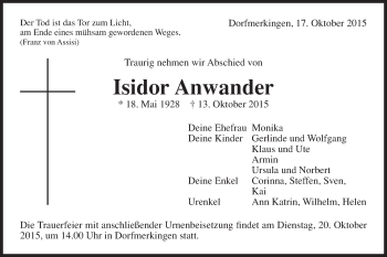 Traueranzeige von Isidor Anwander von Schwäbische Post