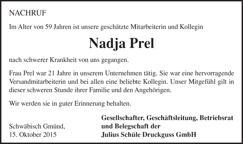  Traueranzeige für Nadja Prel vom 15.10.2015 aus Gmünder Tagespost