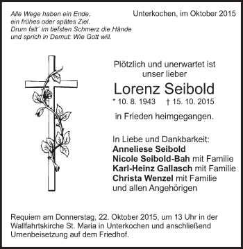 Traueranzeige von Lorenz Seibold von Schwäbische Post