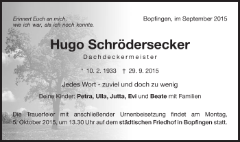 Traueranzeige von Hugo Schrödersecker von Schwäbische Post