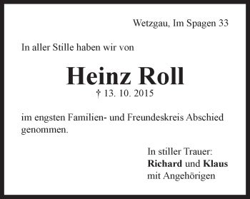 Traueranzeige von Heinz Roll von Gmünder Tagespost