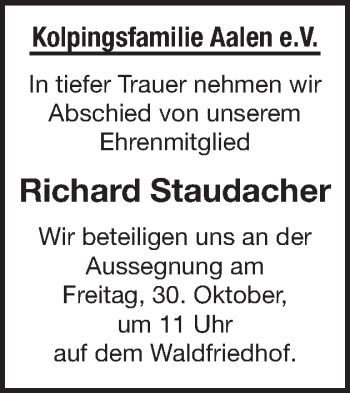 Traueranzeige von Richard Staudacher von Schwäbische Post