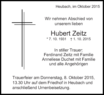 Traueranzeige von Hubert Zeitz von Gmünder Tagespost