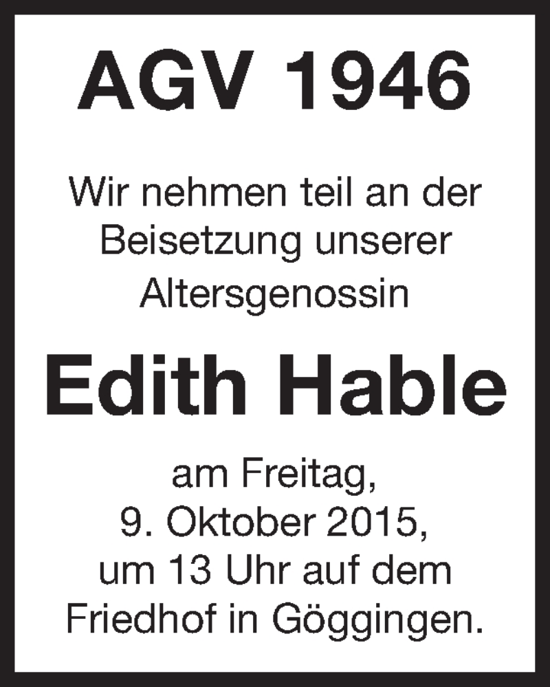 Traueranzeige für Edith Hable vom 08.10.2015 aus Gmünder Tagespost