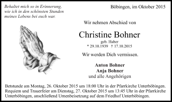 Traueranzeige von Christine Bohner von Gmünder Tagespost