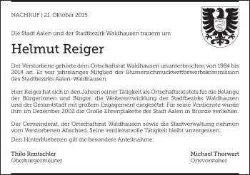 Traueranzeige von Helmut Reiger von Schwäbische Post