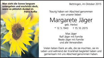 Traueranzeige von Margarete Jäger von Gmünder Tagespost