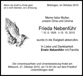 Traueranzeige von Frieda Nebenführ von Gmünder Tagespost