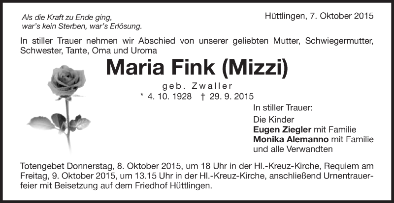  Traueranzeige für Maria Fink vom 07.10.2015 aus Schwäbische Post