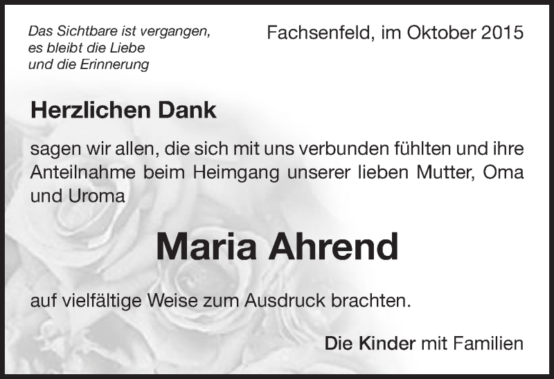  Traueranzeige für Maria Ahrend vom 02.10.2015 aus Schwäbische Post