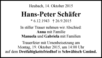 Traueranzeige von Hans-Peter Schäfer von Gmünder Tagespost