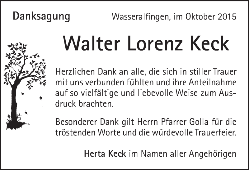  Traueranzeige für Walter Lorenz Keck vom 21.10.2015 aus Schwäbische Post
