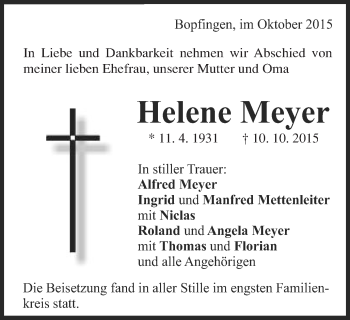 Traueranzeige von Helene Meyer  von Schwäbische Post