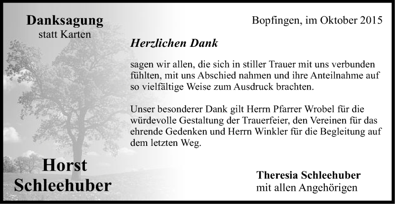  Traueranzeige für Horst Schleehuber vom 13.10.2015 aus Schwäbische Post