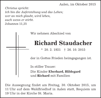 Traueranzeige von Richard Staudacher von Schwäbische Post