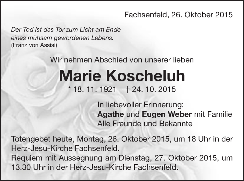  Traueranzeige für Marie Koscheluh vom 26.10.2015 aus Schwäbische Post