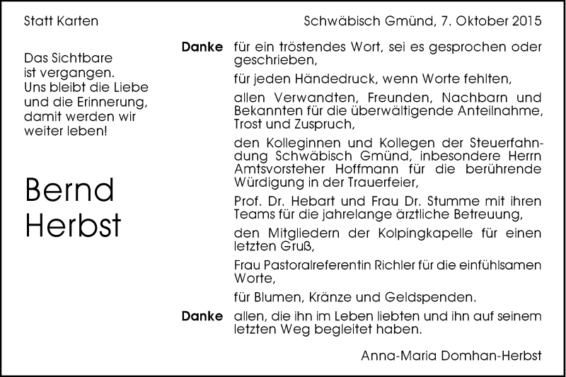  Traueranzeige für Bernd Herbst vom 07.10.2015 aus Gmünder Tagespost