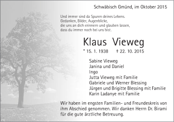 Traueranzeige von Klaus Vieweg von Gmünder Tagespost