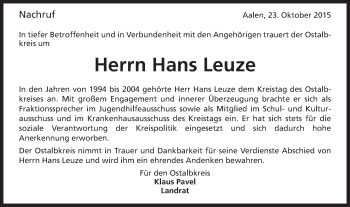 Traueranzeige von Hans Leuze von Gmünder Tagespost