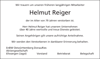 Traueranzeige von Helmut Reiger von Schwäbische Post