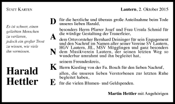 Traueranzeige von Harald Hettler von Gmünder Tagespost