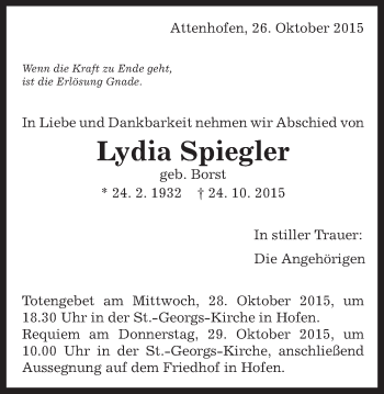 Traueranzeige von Lydia Spiegler von Schwäbische Post