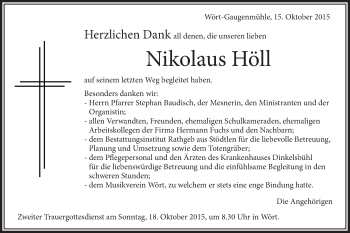 Traueranzeige von Nikolaus Höll von Schwäbische Post