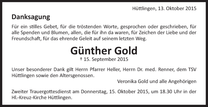  Traueranzeige für Günther Gold vom 13.10.2015 aus Schwäbische Post