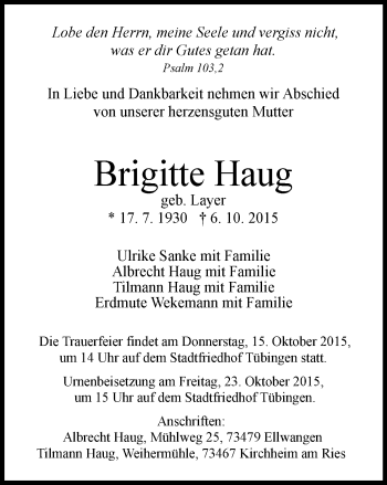 Traueranzeige von Brigitte Haug von Schwäbische Post