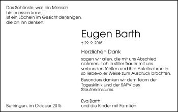 Traueranzeige von Eugen Barth von Gmünder Tagespost