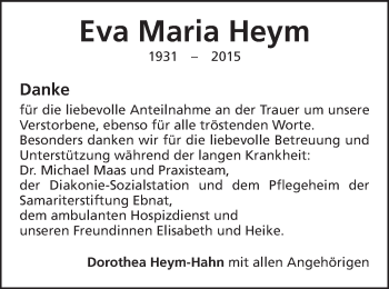 Traueranzeige von Eva Maria Heym von Schwäbische Post
