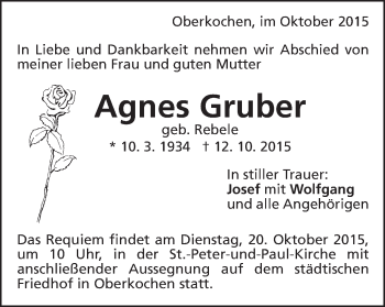 Traueranzeige von Agnes Gruber von Schwäbische Post