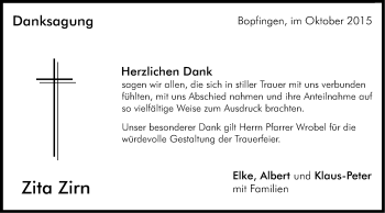 Traueranzeige von Zita Zirn von Schwäbische Post