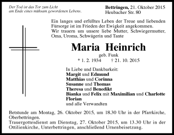 Traueranzeige von Maria Heinrich von Gmünder Tagespost